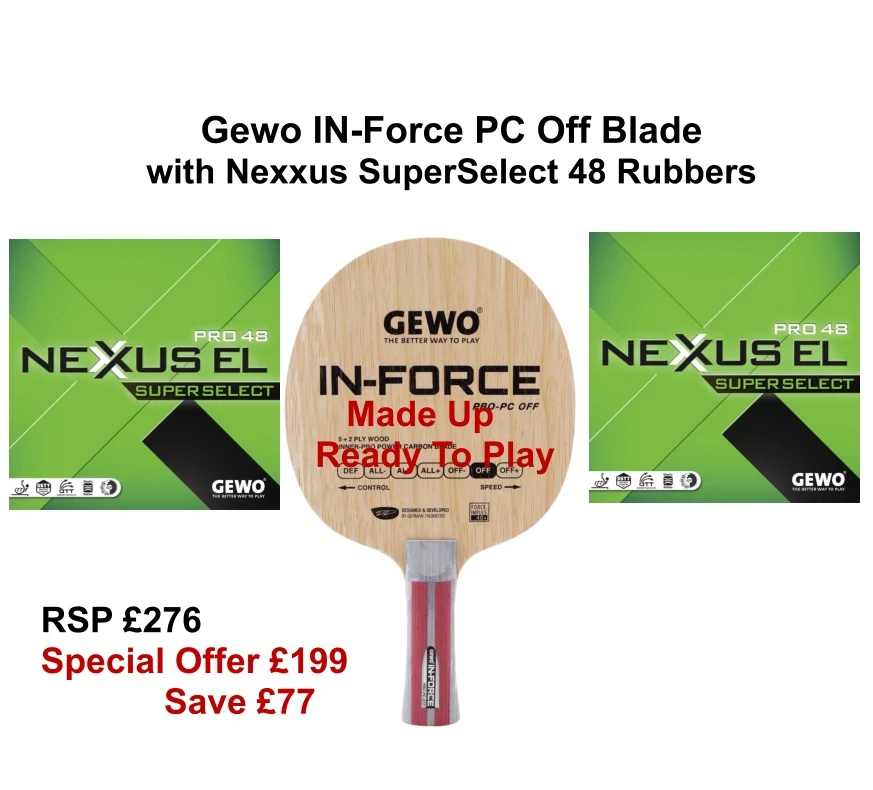 Table Tennis Bat: Gewo IN-Force PBO-PC Off Blade + With 2 Sheets Of Nexxus SuperSelect 48 Rubbers