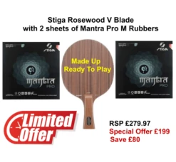 Table Tennis Bat: Stiga Rosewood V Blade With 2 Sheets Of Mantra Pro M Rubbers (Straight Handle Only)
