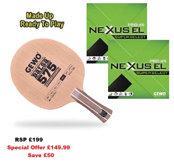 Table Tennis Bat: Gewo Balsa Carbon 575 Blade + With 2 Sheets Of Nexxus EL Pro 45 Rubbers